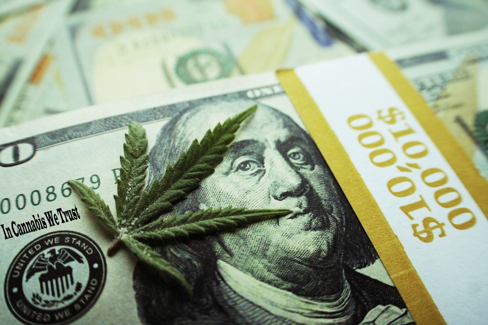 pot stock, cannabis leaf and dollar