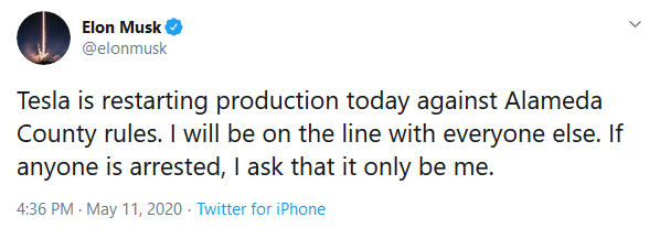 Tesla CEO Elon Musk on reopening Alameda County, CA, plant.
