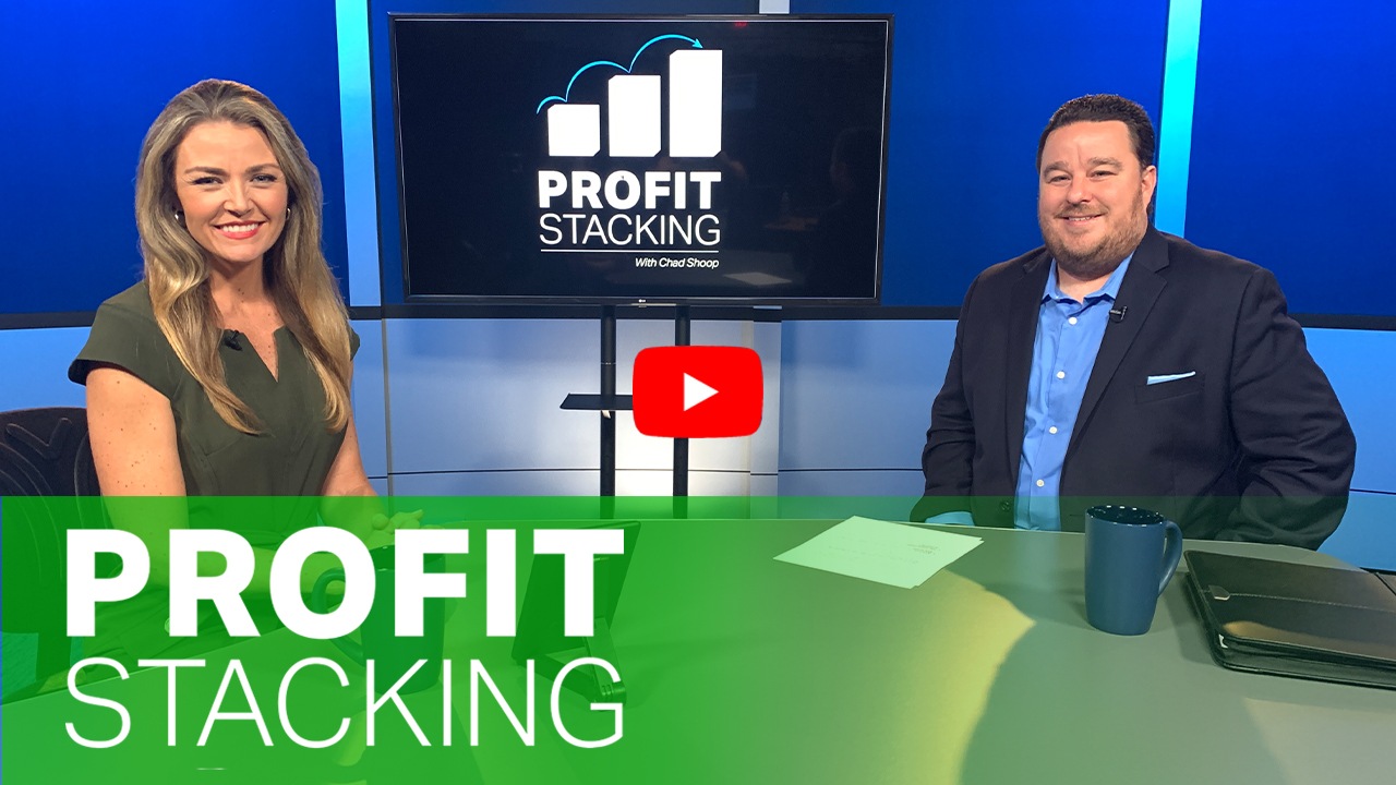 Image showing Chad Shoop and an interviewer at a table. The image links to a video about the "profit stacking" strategy.