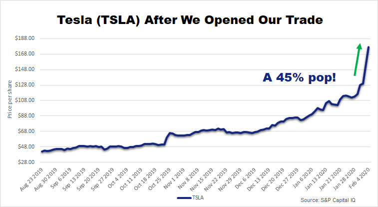 Chart showing that Tesla popped 45% right after the recommendation.
