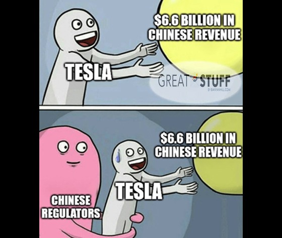 Tesla snatched by Chinese regulators meme big