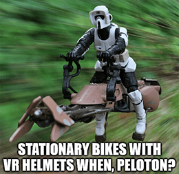 Stationary bikes with VR helmets when Peloton meme