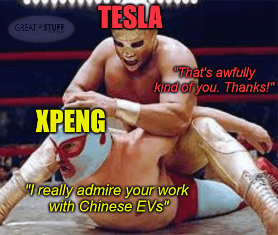 Tesla vs XPeng kindest rumble on Earth wrestlers meme big