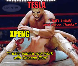 Tesla vs XPeng kindest rumble on Earth wrestlers meme small