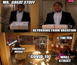 Return from vacation fire inflation COVID-19 Wall Street meme small