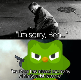 I'm sorry Ben Peter missed Spanish lessons DUOL meme