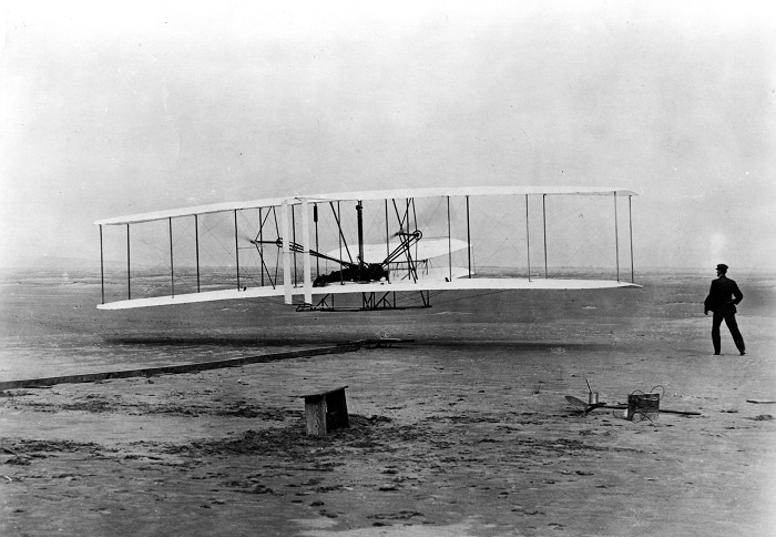 The Wright brothers at Kitty Hawk on December 17, 1903