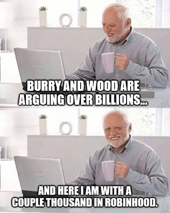 Burry Wood arguing over billions thousand in Robinhood meme
