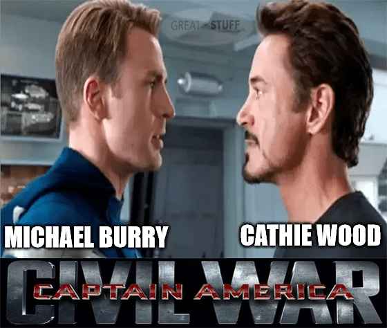 Michael Burry vs Cathie Wood war meme big
