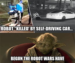 Self-driving car killed robot Yoda Tesla AI meme small