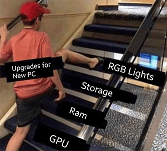 Jumping PC upgrade storage RGB lights Corsair meme - August Sanofi investing edition