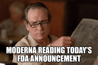 Moderna reading Pfizer's FDA approval announcement meme