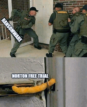 Ransomware vs Cheeto lock Norton CRWD cybersecurity meme