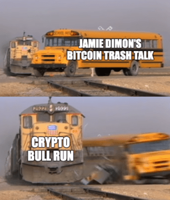 Jamie Dimon Crypto Bull Run Bus Crash Meme