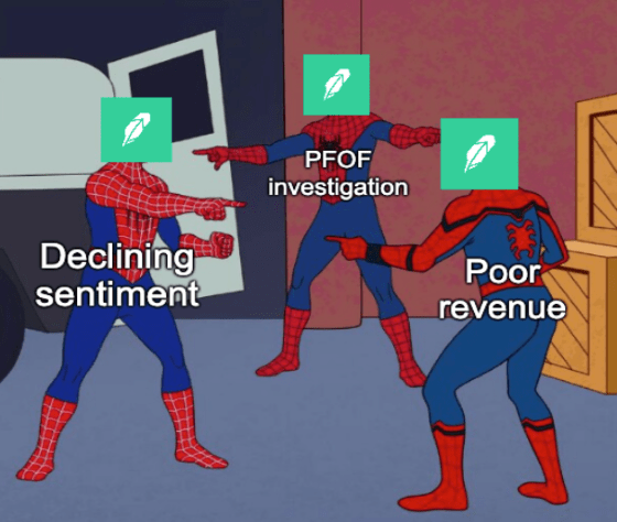 Robinhood declining sentiment poor revenue Spider-Man meme big