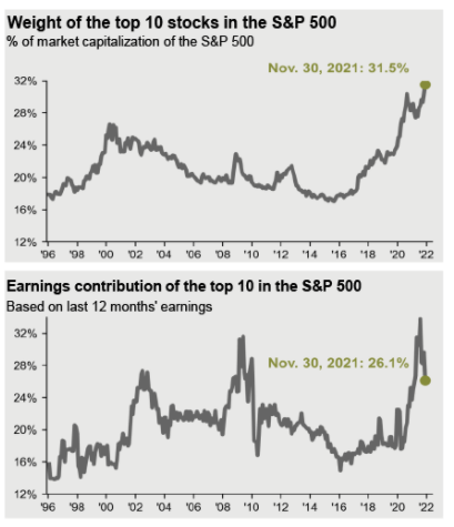 weight and earnings top 10 stocks S&P 500