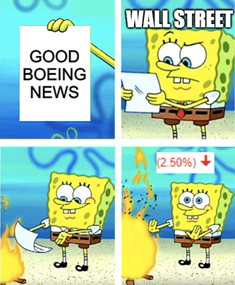 Good Boeing news goes in the fire Spongebob meme