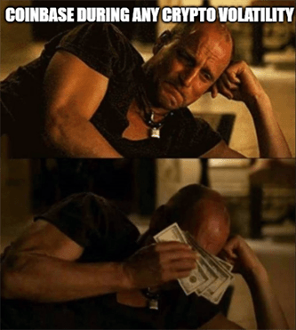 Coinbase during any crypto volatility crying money meme