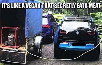 EV Car Using Gas Vegan Eating Meat Meme