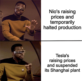 Nio raising price Tesla Production Meme