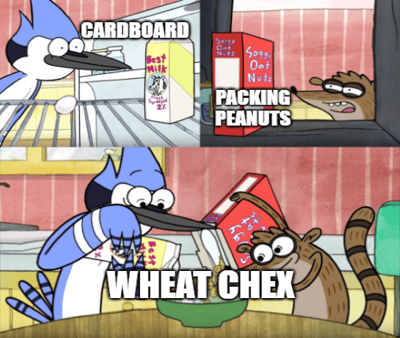 Cardboard plus packing peanuts equals wheat Chex meme