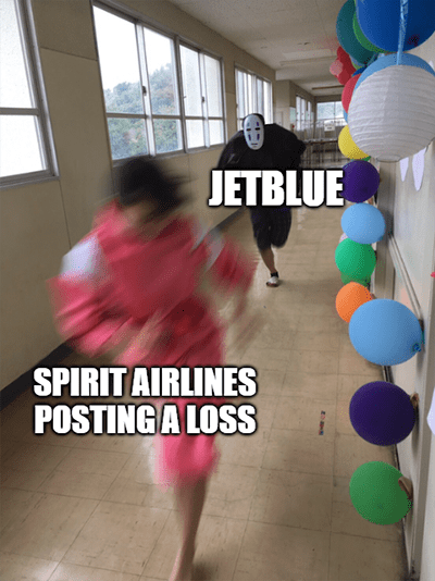 Spirit Airlines post loss Jetblue buyout meme
