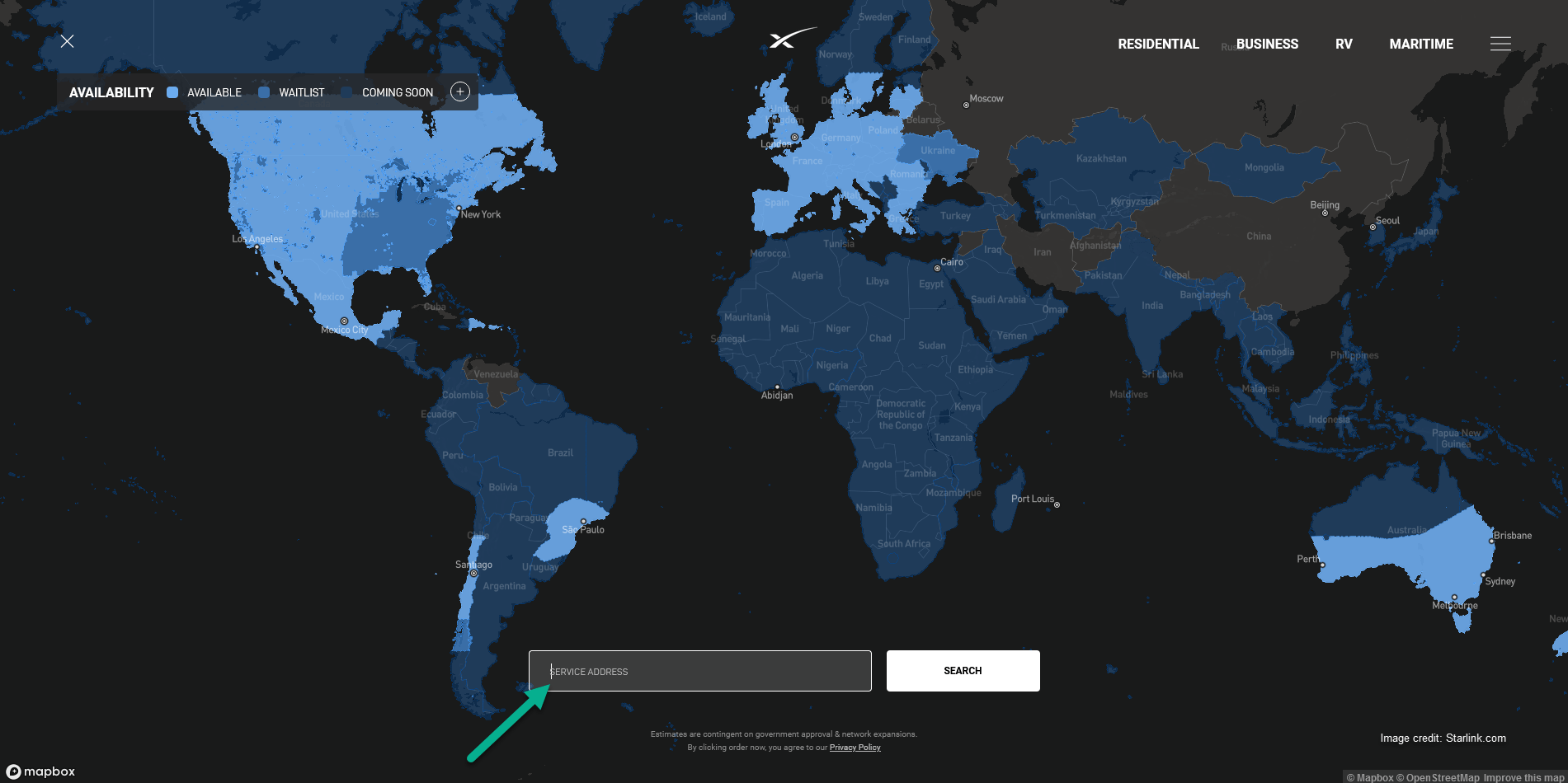 Starlink internet access connection map