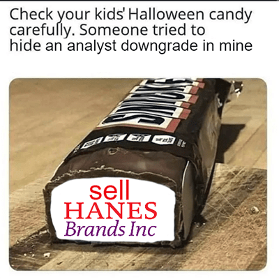 Sell Hanesbrands downgrade check Halloween candy meme