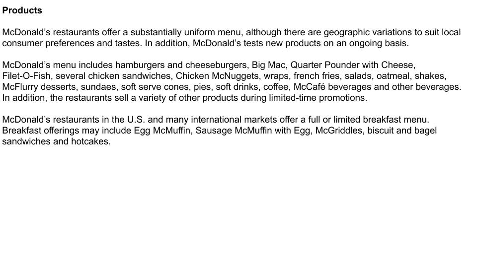 MacDonald's k-10 description of products