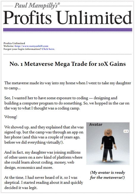 Paul Mampilly Profits Unlimited Metaverse Mega Trade