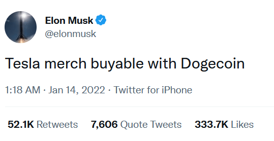 elon musk tweet buy Tesla merch with Dogecoin DOGE