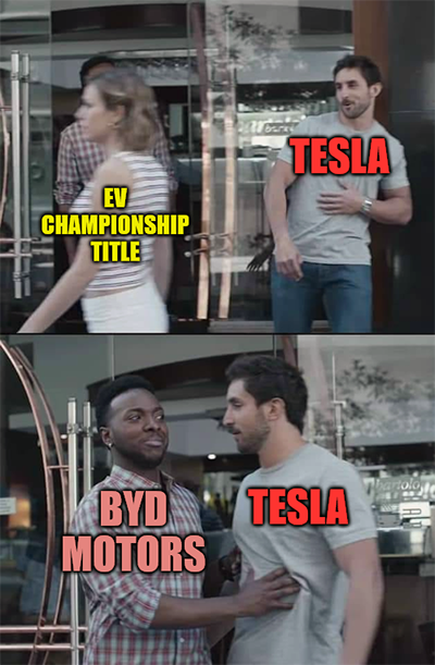 Tesla vs BYD Motors EV championship meme