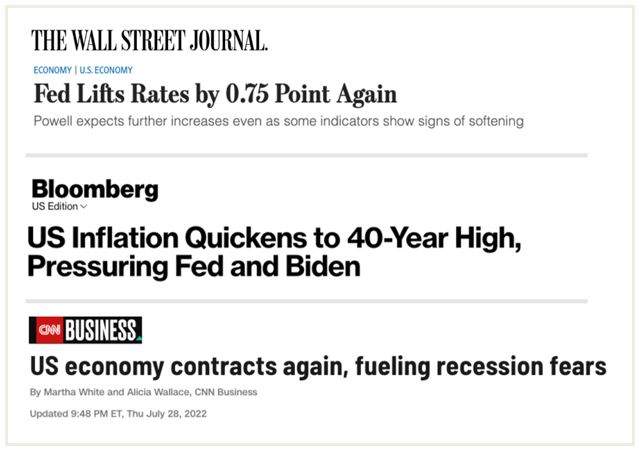 news headlines about recession, inflation, and interest rates 2022