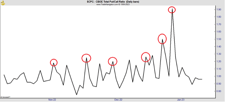 CBOE Put-Call ratio chart shows pattern of trading options.
