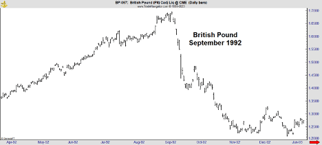 The British pound fell in September 1992.