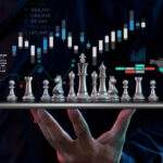 Chessboard with stock market in background