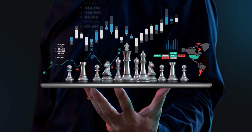 Chessboard with stock market in background