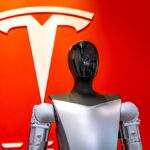 Tesla logo with robot in front