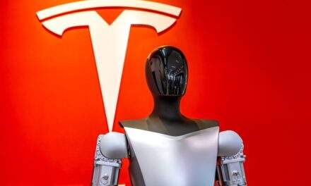 Tesla logo with robot in front