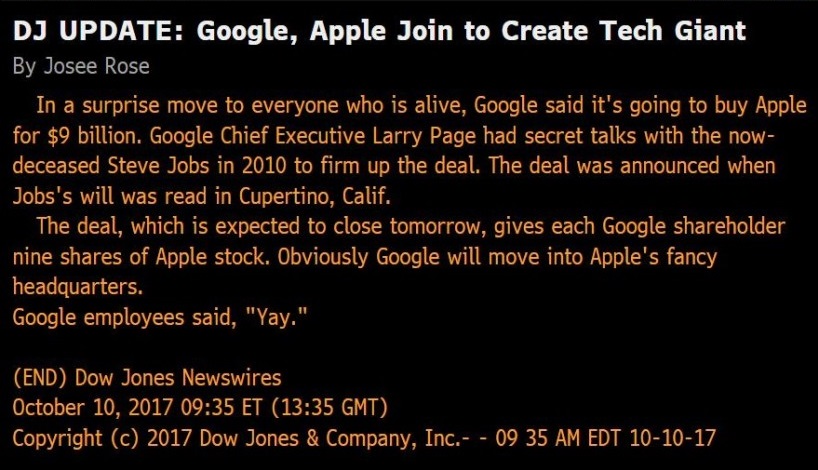 On Tuesday, Dow Jones Newswires sent out a ridiculous fake alert about Apple. Let's take a look at Apple’s price action the minute after the announcement.